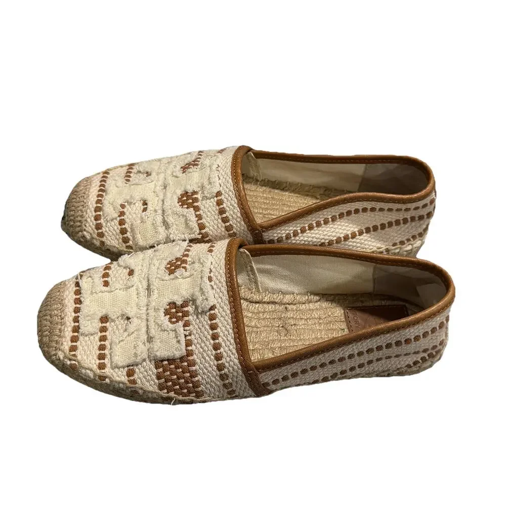 Tory Burch Shaw Espadrille Size 5 M Ivory Brown Canvas Leather 33248